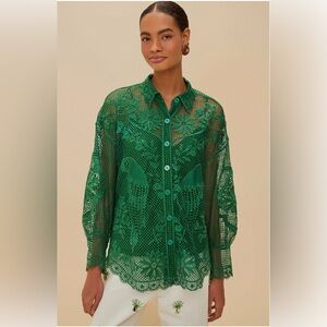 NWT FARM Rio Green Landscape Guipure Shirt- Green Lace Blouse- Sz M
